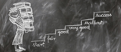 Progress ladder drawn on a blackboard with a student carrying books
